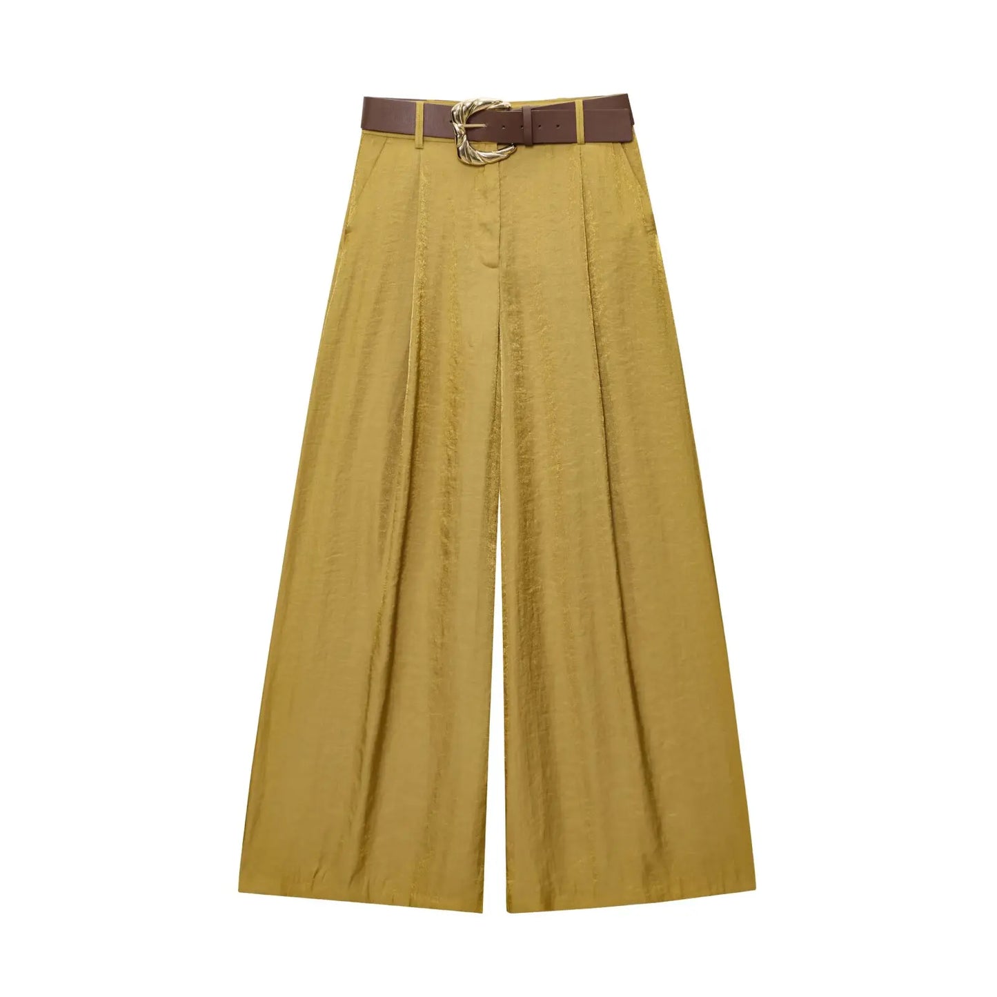 Women Satin with Belt High Waisted Trousers | Wide Leg Pants | Casual Pants Gold