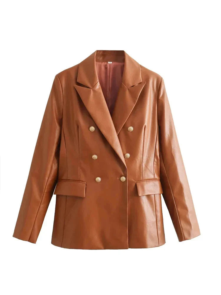 Women Leather Blazer Jacket Brown