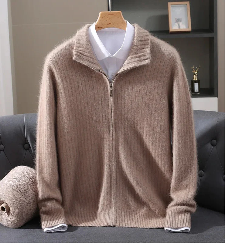 Men Mink Cashmere Zipper Cardigan | Knit Sweater | Loose Camel