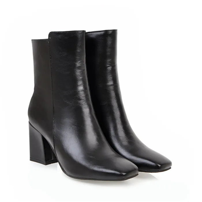 Women Winter Ankle Zipper Boots | High Block Heel Boots Black