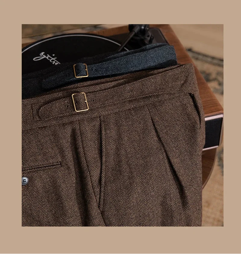 Men Vintage Wool Herringbone Pattern Pants | Casual | British | Warm | High Waist | Straight Pants