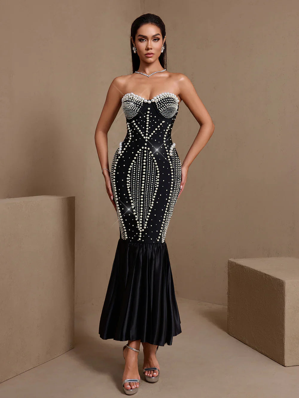 SATINA Strapless Pearls Midi Bandage Dress BLACK