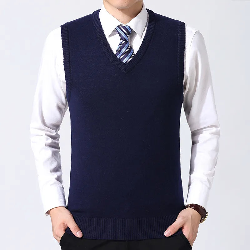 Men Knitted Cotton Sweater Vest | Casual Warm Winter V-Neck Outerwear Navy Blue