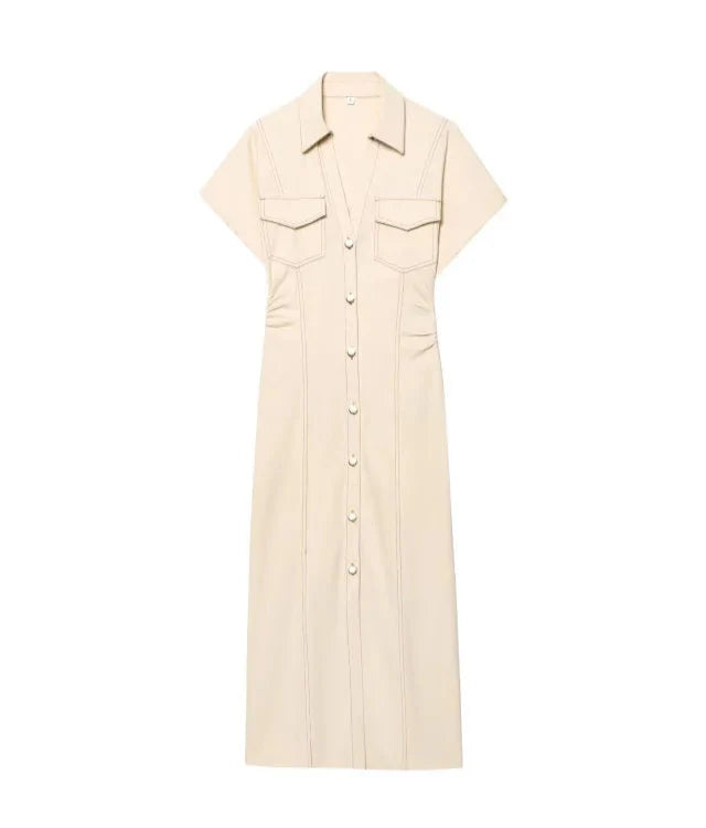 Women Denim Midi Dress | Ruched Waist | Fitted Dress Beige
