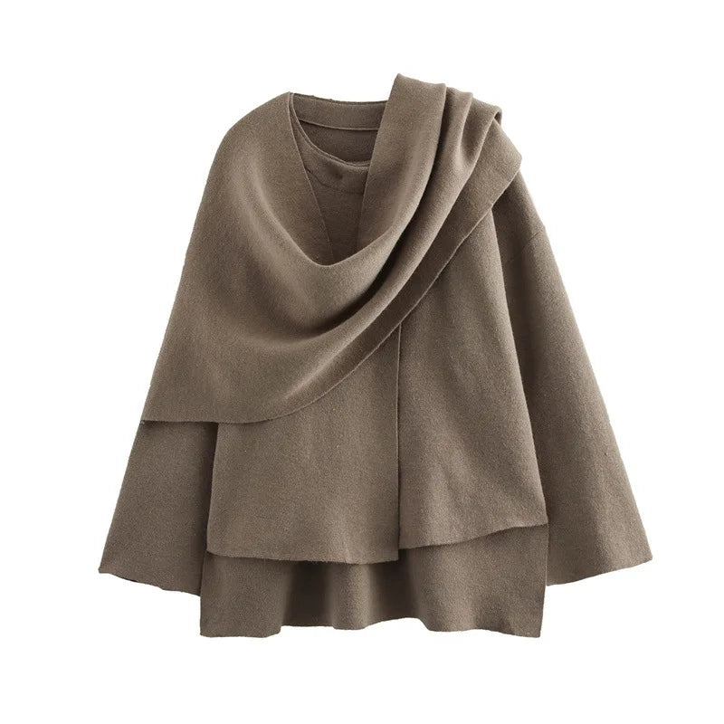 Women Asymmetric Scarf Short Knitted Jacket | Thick Brown