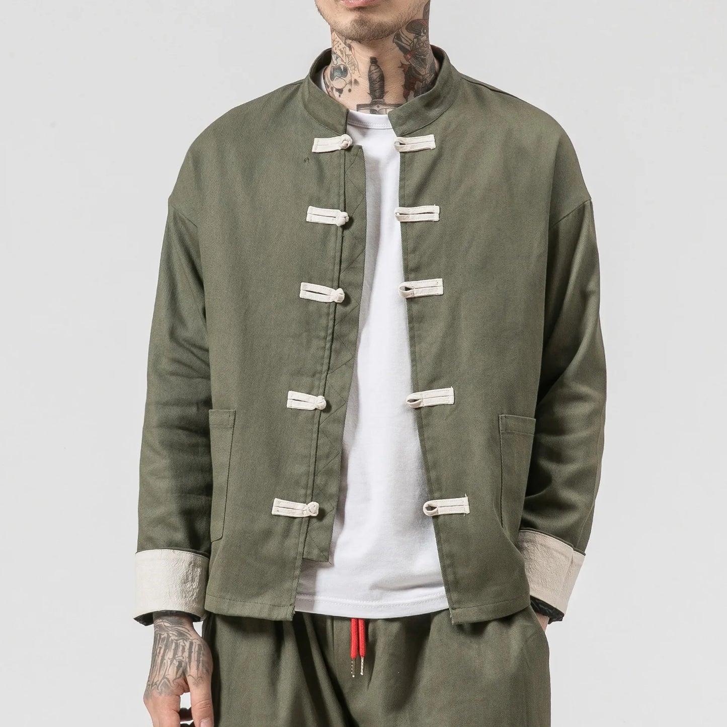 Men Tang Suit Jacket | Linen Top | Long Sleeve Green Top