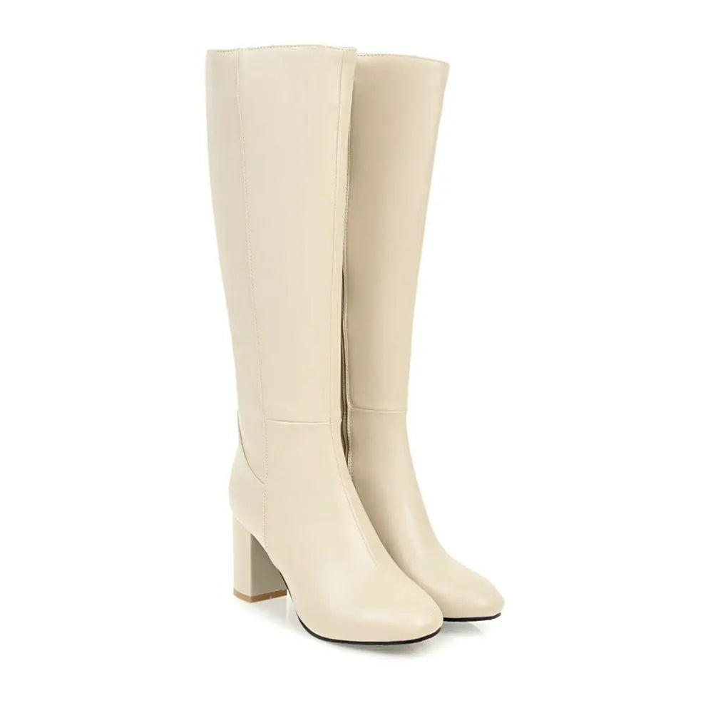 Women Long Boots | Leather Boots | Knee High | Block Heels Beige