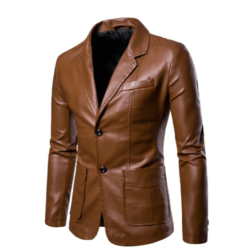 Men's Lapel Leather Dress Coat | Business Casual Blazer Jacket Brown
