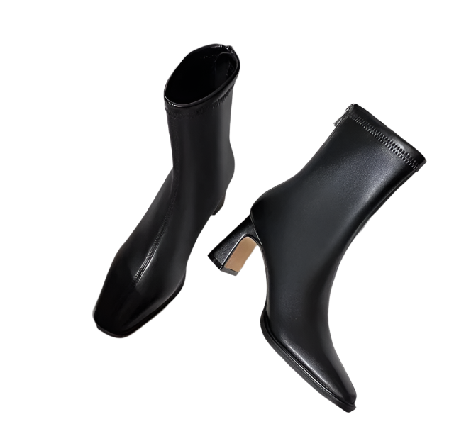 Women Pointed Toe Leather High Heel Boots Black
