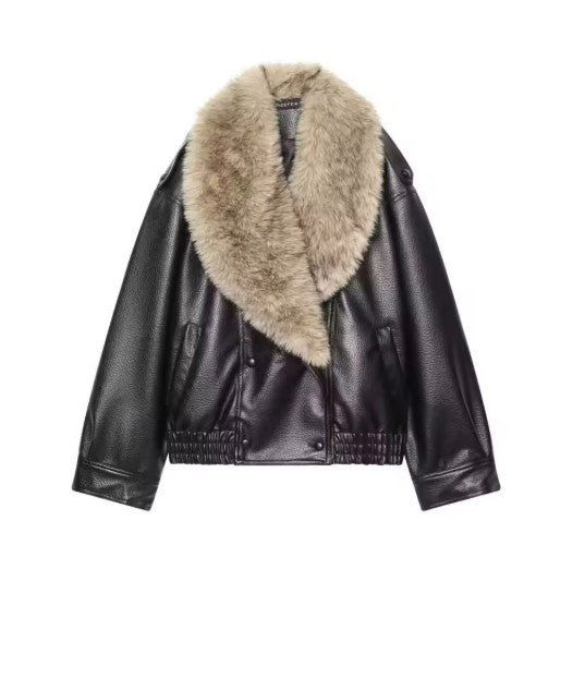 Women Winter Loose Leather Fur Jacket | Big Fur Collar | Casual Coat | Double Breasted Black