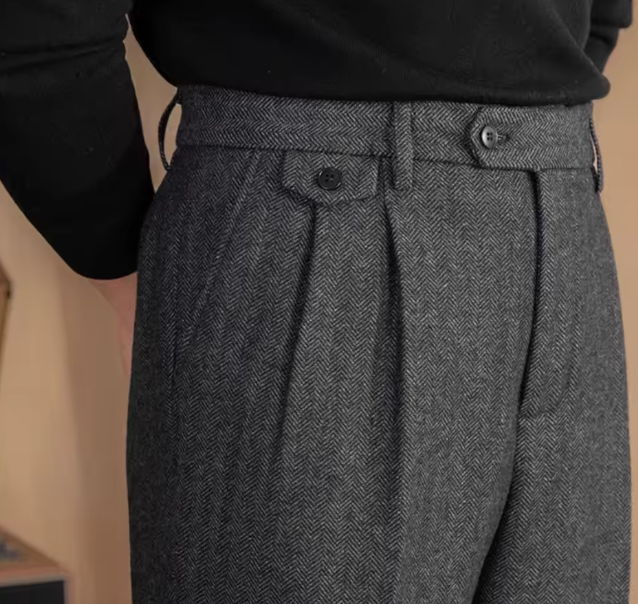 Men High-Waisted Woolen Pants | Herringbone | Italian Vintage Pants | Suit Pants | Warm | Straight Fit
