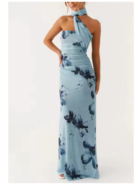 Women Floral Print Long Dress | Tube Dress | Summer | Strapless Dress with Choker Scarf