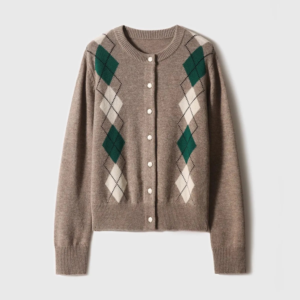 Women Argyle Cashmere Knitted Cardigan | Diamond Check Sweater | Wool camel