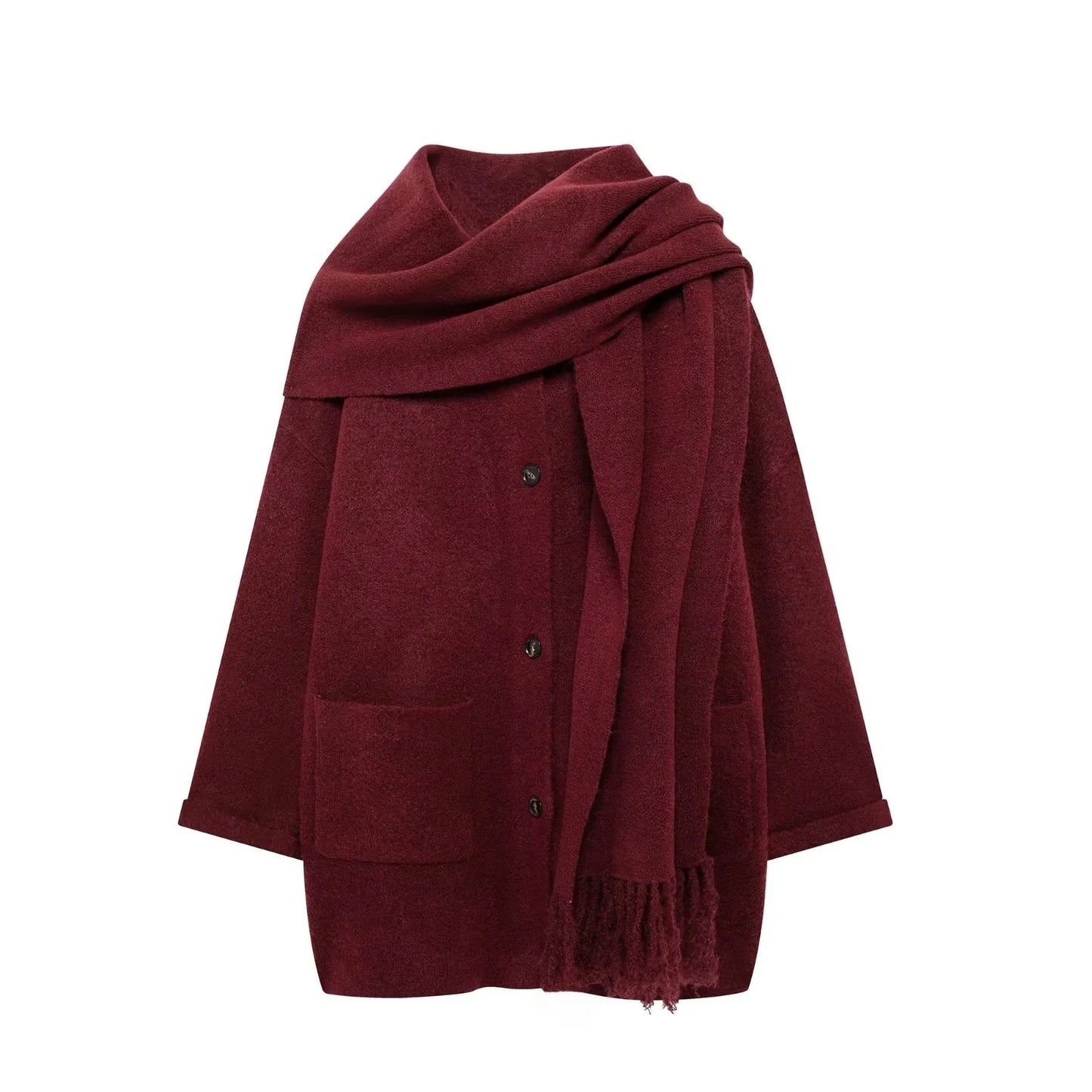 Women Winter Loose Knitted Coat with Scarf | Straight Cut | Long Sleeves | Warm Cardigan Wine red
