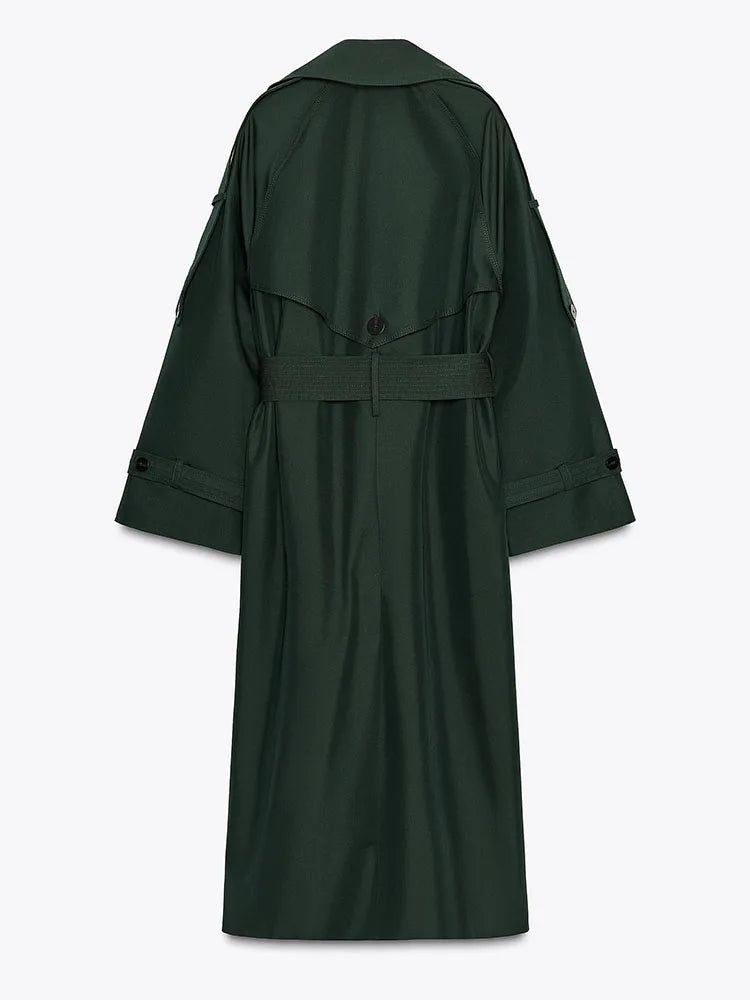 Women Dark Green Trench Coat | Long Coat | Loose | Autumn | Belted