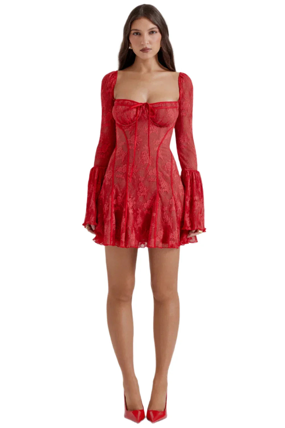 Women Elegant Long Sleeve Mini Dress | Square Neck | Patchwork Red