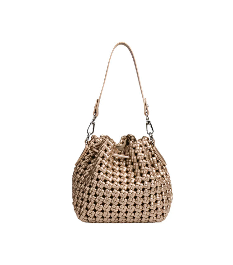 Women Leather Hollow Cut Woven Crossbody Bag Champagne