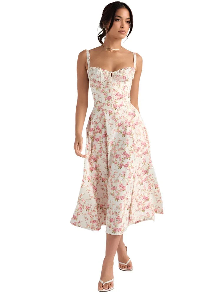 Women Casual Slit Floral Print Dress | Midi Summer Dress | Sundress | Holiday Dress pink