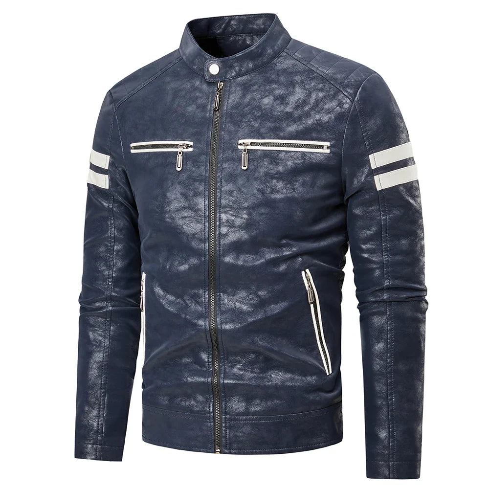 Men Casual Vintage Leather Jacket | Motor Biker Pocket Jacket Blue