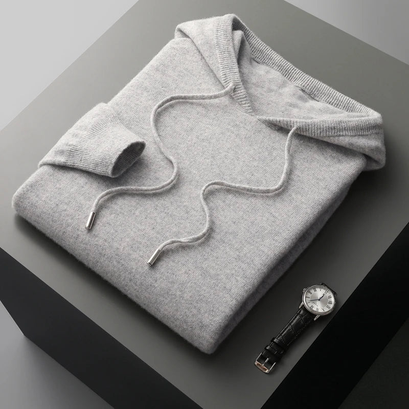 Men Merino Wool Hoodie | Casual Knitted Pullover Sweater | Hooded Collar Light Grey