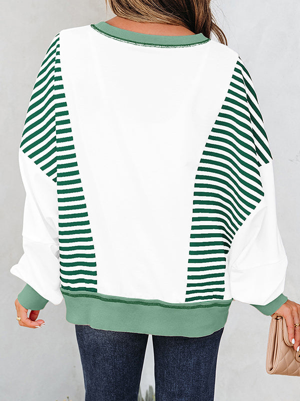 Long Sleeves Loose Contrast Color Striped Round-Neck Sweatshirt Tops