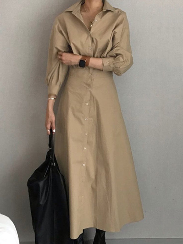 Loose Puff Sleeves Pleated Solid Color Split-Joint Lapel Maxi Dresses Shirt Dress KHAKI