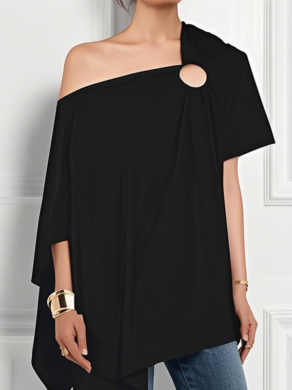 Lockere, kurze Ärmel, asymmetrisch, hohl, einfarbig, One-Shoulder-Blusen und -Shirts