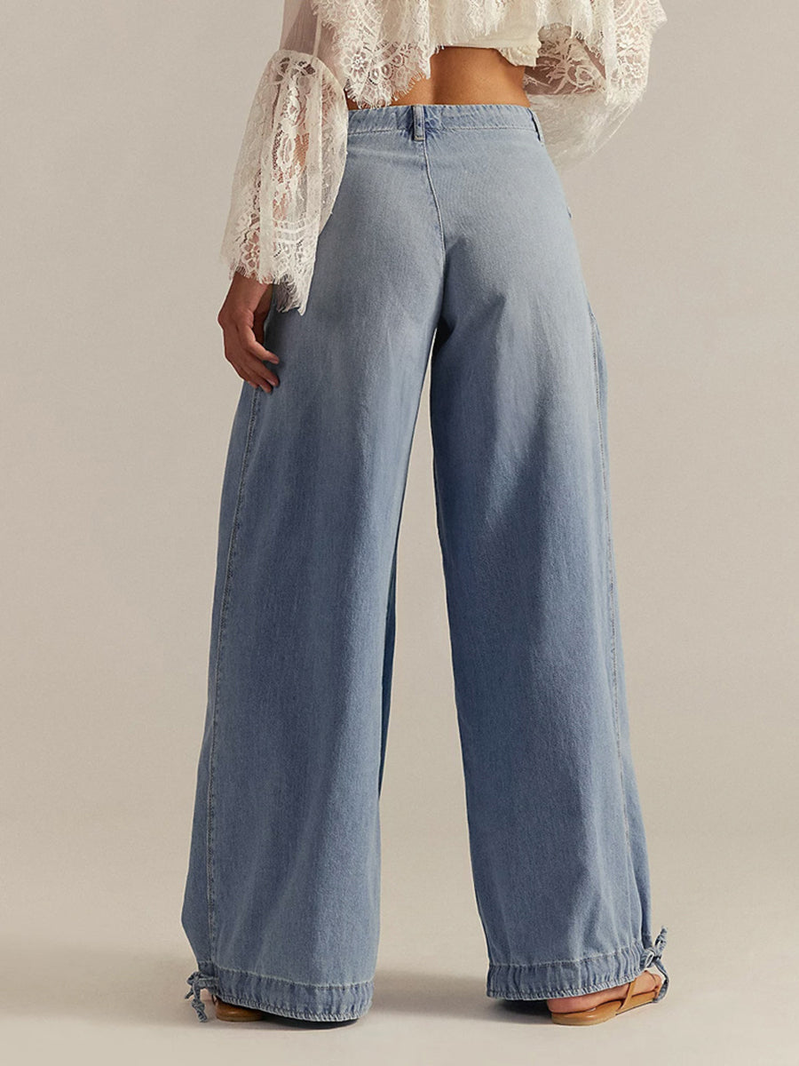 High Waisted Wide Leg Buttoned Drawstring Elasticity Pleated Pockets Solid Color Jean Pants Bottoms
