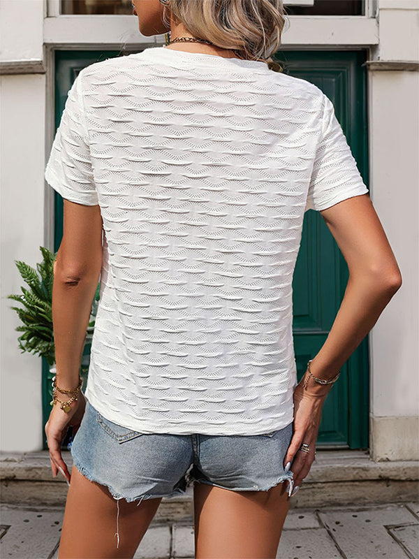 Loose Short Sleeves Solid Color Textured Round-Neck T-Shirts Tops