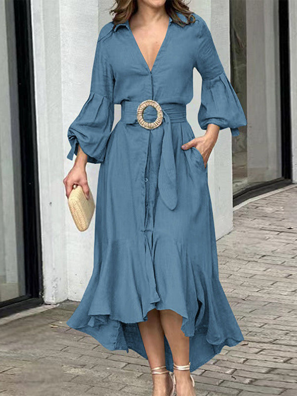 High-Low Puff Sleeves Pleated Solid Color Lapel Collar Maxi Dresses