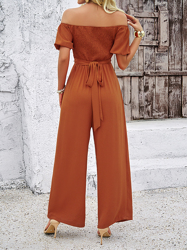 High Waisted Loose Elasticity Hollow Solid Color Tied Waist Off-The-Shoulder Jumpsuits