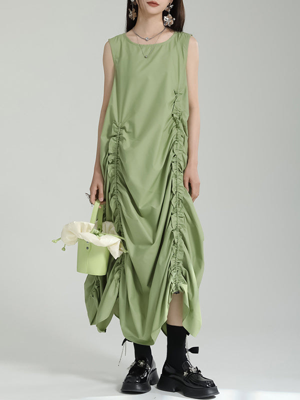 Robe mi-longue ample sans manches, asymétrique, élastique, plissée, couleur unie, col rond