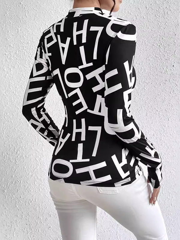 Long Sleeves Skinny Letter Print Split-Joint Mock Neck T-Shirts Tops
