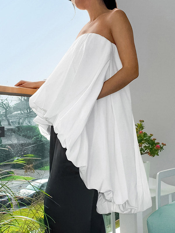 High-Low Sleeveless Elasticity Pleated Solid Color Split-Joint Tube Blouses&Shirts Tops