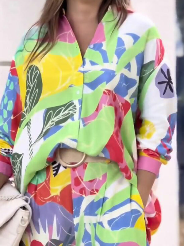 Contrast Color Printed Long Sleeves Buttoned Lapel Blouses Top+ High Waisted Pants Bottom Two Pieces Set