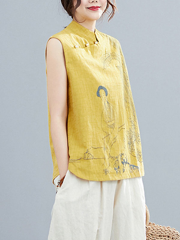 Gilet sans manches à col montant boutonné imprimé de style rétro chinois artistique