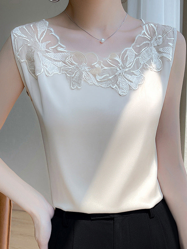 Loose Plus Size See-Through Solid Color Split-Joint Round-Neck Vest Top CHAMPAGNE