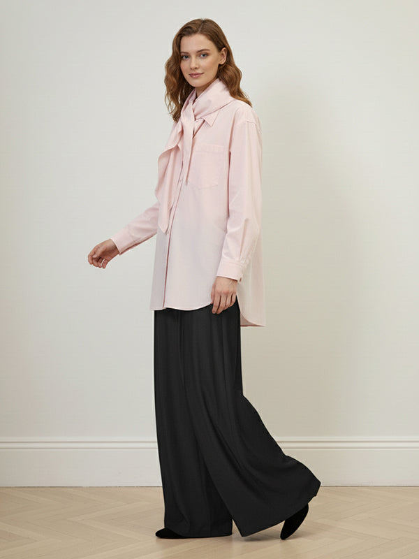 Long Sleeves Loose Buttoned Neckerchief Pockets Solid Color Lapel Blouses&Shirts Tops
