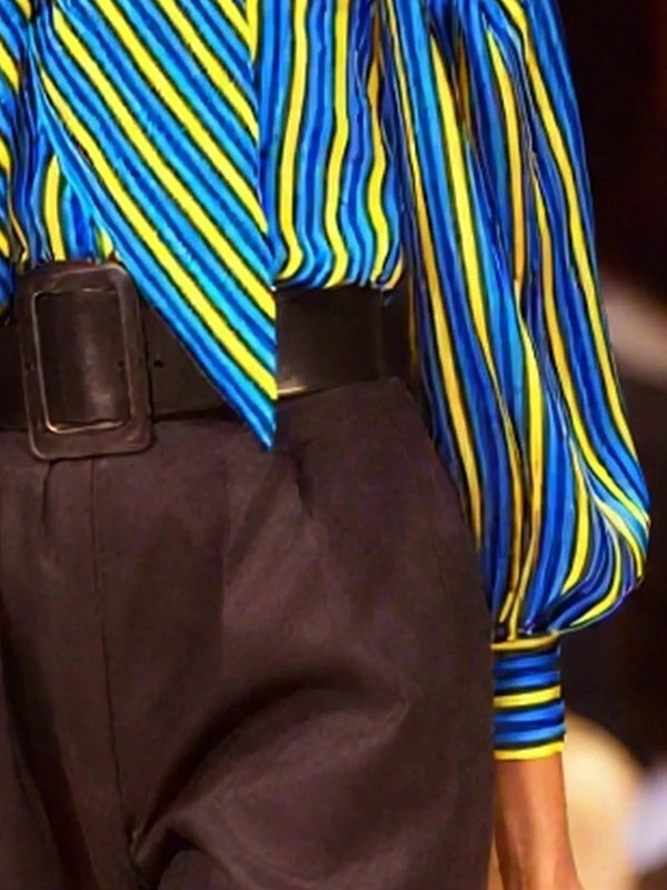 Puff Sleeves Bowknot Split-Joint Striped Lapel Blouses