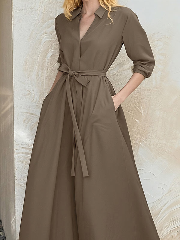 High Waisted Loose Pockets Solid Color Tied Waist Lapel Jumpsuits