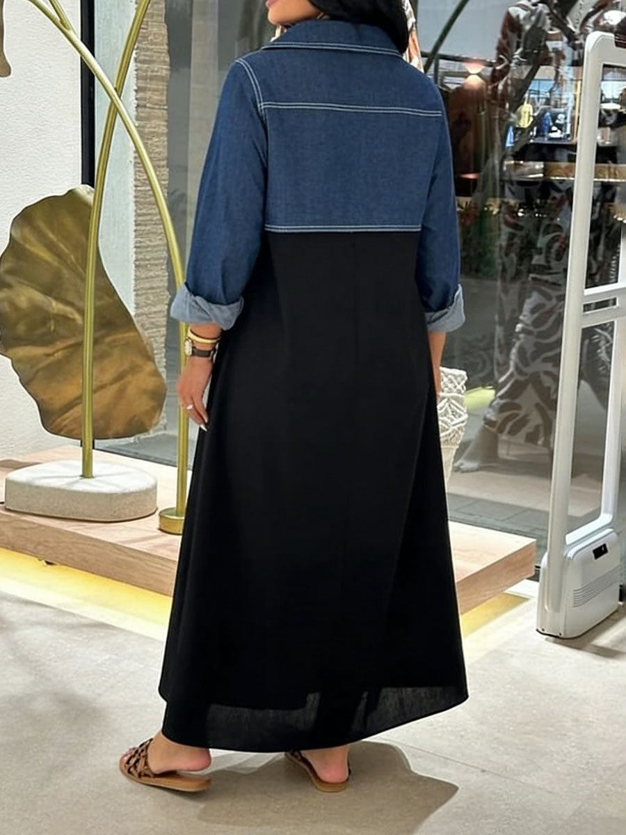 A-Line Long Sleeves Buttoned Pockets Split-Joint Lapel Maxi Dresses
