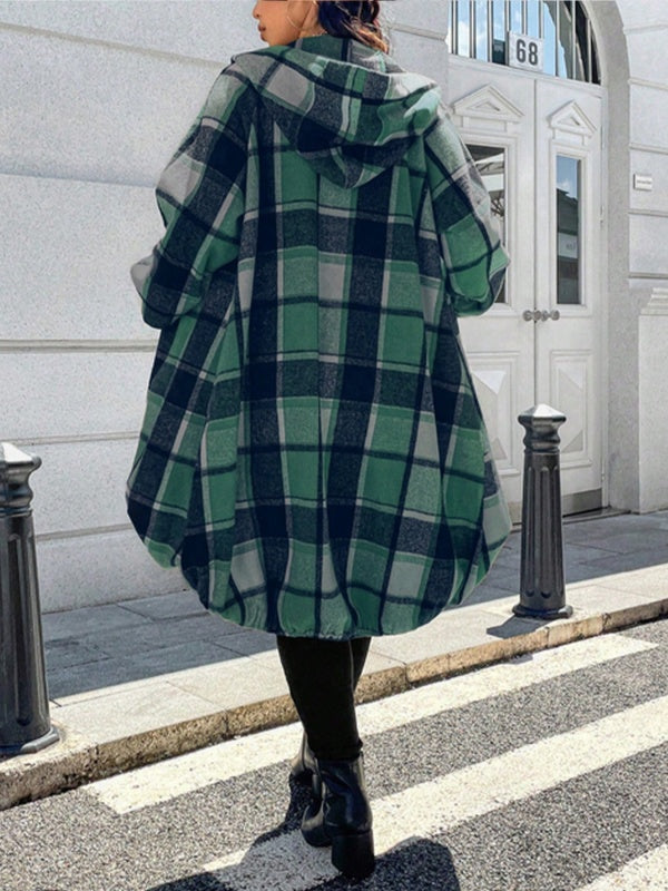 High-Low Long Sleeves Plaid Zipper Hooded Outerwear