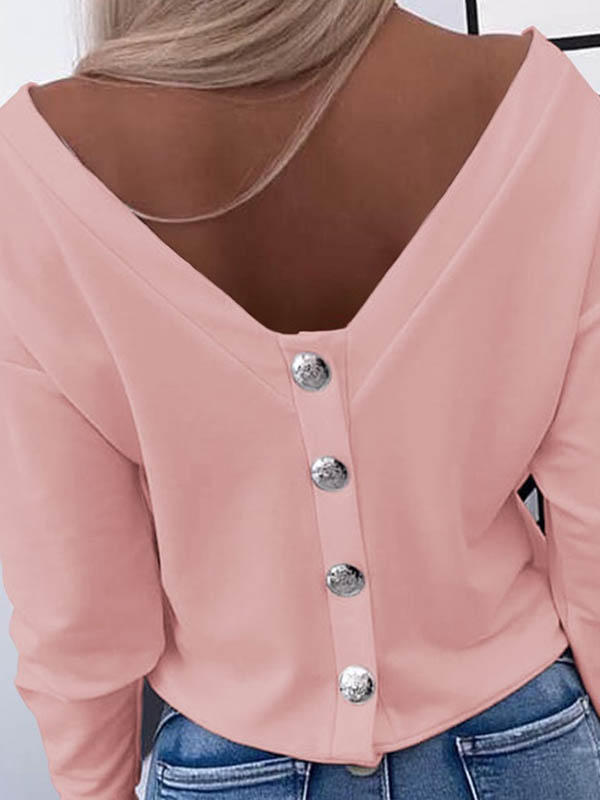 Long Sleeves Loose Buttoned Solid Color Round-Neck T-Shirts Tops