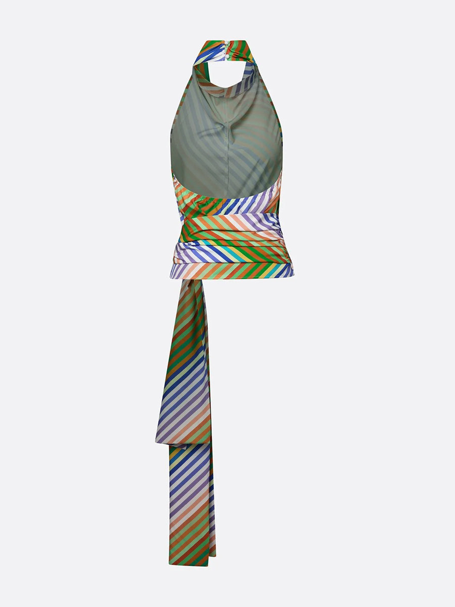 Loose Sleeveless Backless Contrast Color Striped Tied Halter-Neck Vest Top