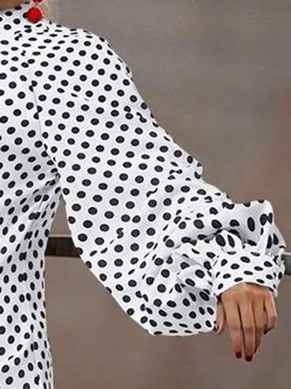 Loose Puff Sleeves Pleated Polka-Dot Split-Joint High Neck Mini Dresses Shirt Dress
