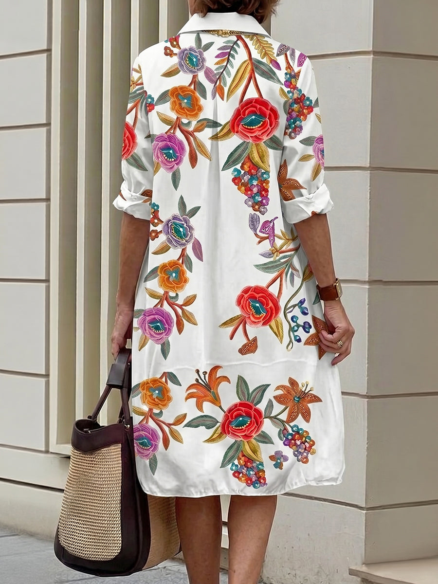 A-Line Half Sleeves Buttoned Contrast Color Flower Print Pockets Lapel Midi Dresses Shirt Dress