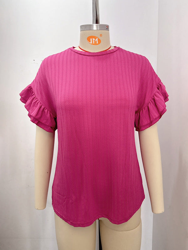 Wrap Falbala Solid Color Round-Neck T-Shirts Tops