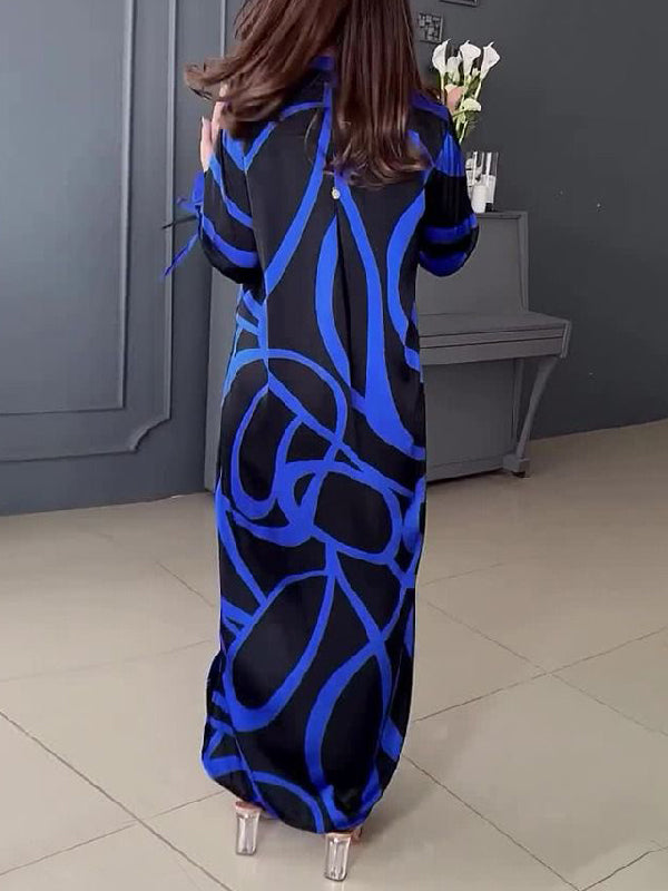 Long Sleeves Loose Buttoned Contrast Color Printed Maxi Dresses Shirt Dress