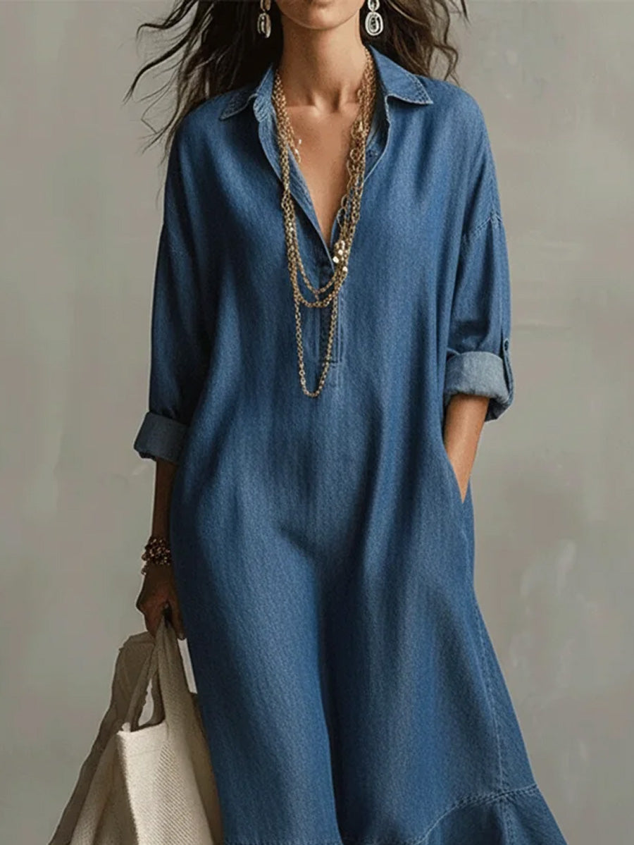 Long Sleeves Loose Buttoned Pockets Solid Color Split-Joint Lapel Maxi Dresses