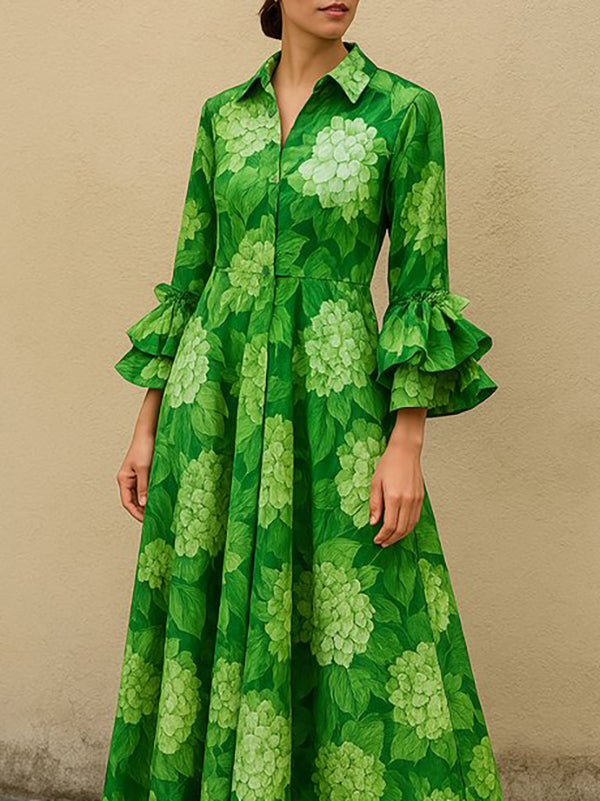Flared Sleeves High Waisted Flower Print Pleated Lapel Maxi Dresses